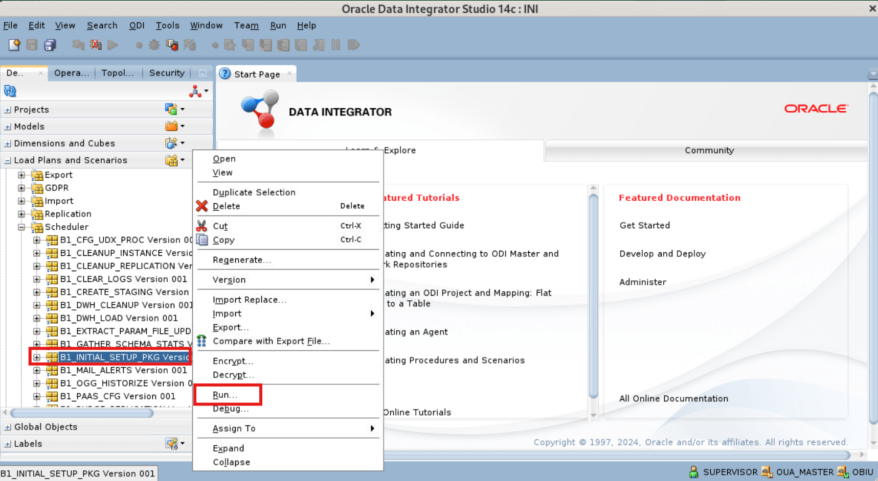 Right-click menu of options is shown here, and one of the load options is selected. The Load Plans and Scenarios option under the Designer tab of the ODI console appears expanded.