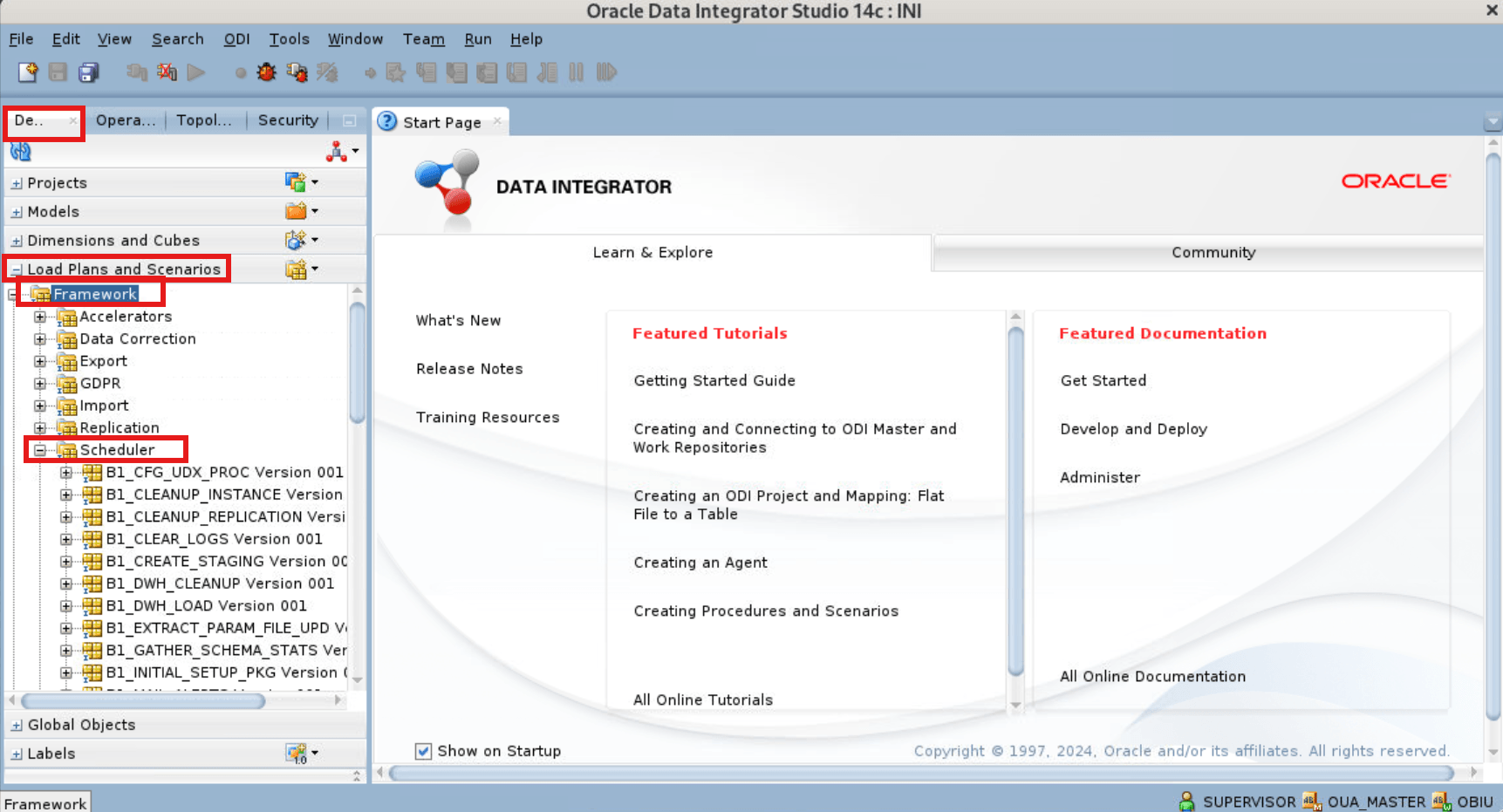 Oracle Data Integrator Studio with the Designer tab expanded on the left, and the Data Integrator start page on the main section.