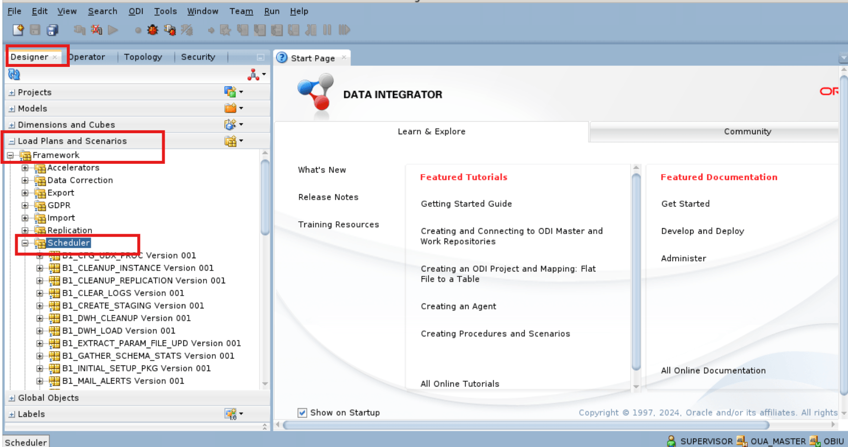 Data Integrator Start Page appears in the right-hand and main section of the ODI studio.