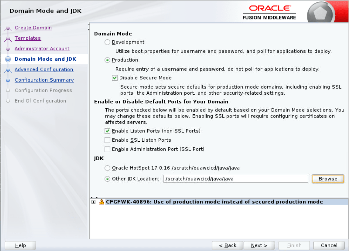 Select Production option under Domain Mode, and Other JDK Location under JDK.