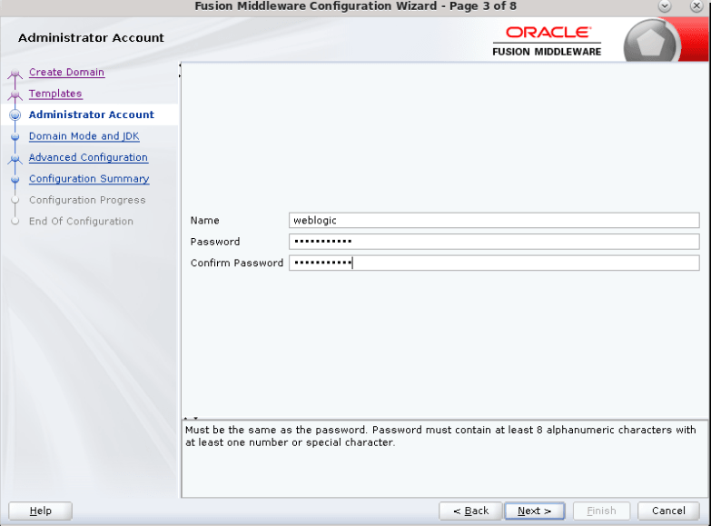 Administrator Account screen, where the user is to enter his user name, and set a password.