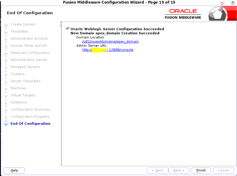 This screen shows the configuration status, the domain location, and the administration server URL.