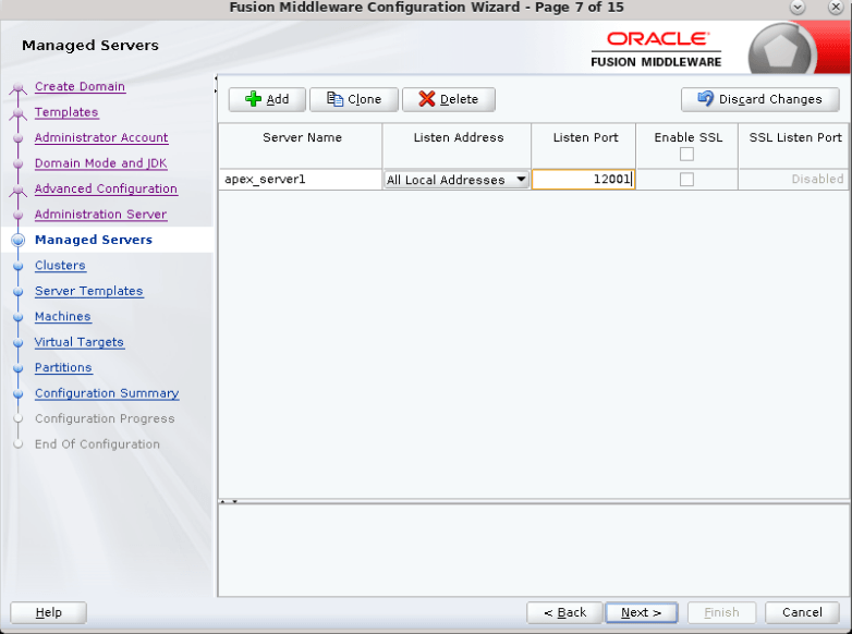 Managed Servers screen displays a five column table containing the name, the listen address, and the listen port; the fourth column has a checkbox for enabling SSL, and the fifth column shows the SSL Listen Port status.