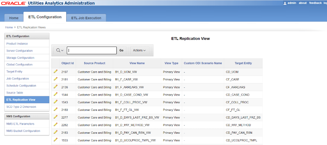ETL Replication View page showing a search field and a six columns table with the following details: Object ID, source product, view name, view type, custom ODI scenario name, and target entity. Find this page under the ETL Configuration tab.
