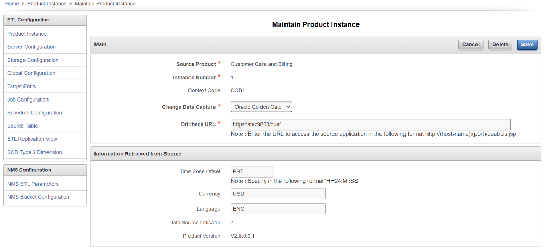 Maintain Product Instance page showing the Main and the Information Retrieved from Source sections, where the user is to set and save the product instance details. The Save button is the first one from right to left on the Main section header.