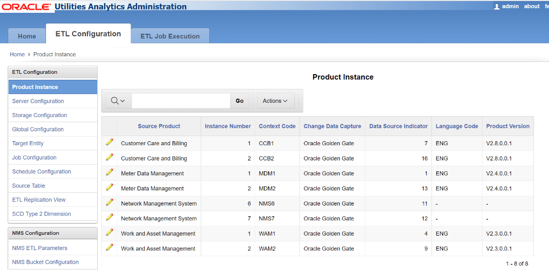 Several Product Instances are listed in a seven columns table that details each instance's name, number, context code, change data capture, data source indicator, language code, and product version.