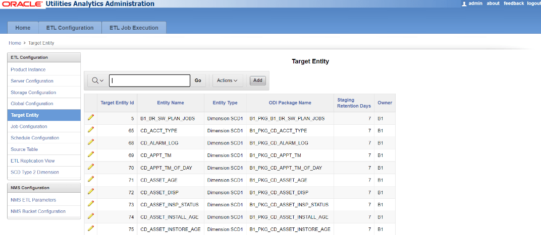 Target Entity page showing a search bar and a six columns table which contains the following data: Target entity ID, entity name, entity type, ODI package name, staging retention days, and owner. Fin this page under ETL Configuration.