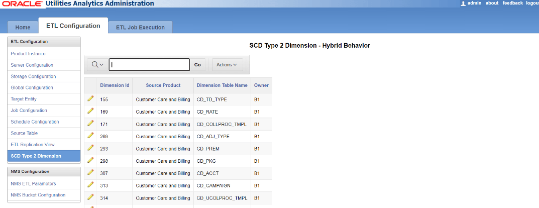 SCD Type 2 Dimension Hybrid Behavior page showing a search field and a four columns table that contains: dimension ID, Source Product, Dimension Table Name, and Owner. Find this page under ETL Configuration tab.