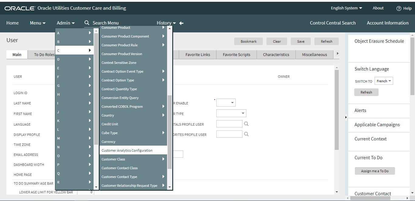 Admin drop-down showing an alphabetical menu. Here, letter C is selected, and then Customer Analytics Configuration option. Admin drop-down showing an alphabetical menu. Here, letter C is selected, and then Customer Analytics Configuration option.