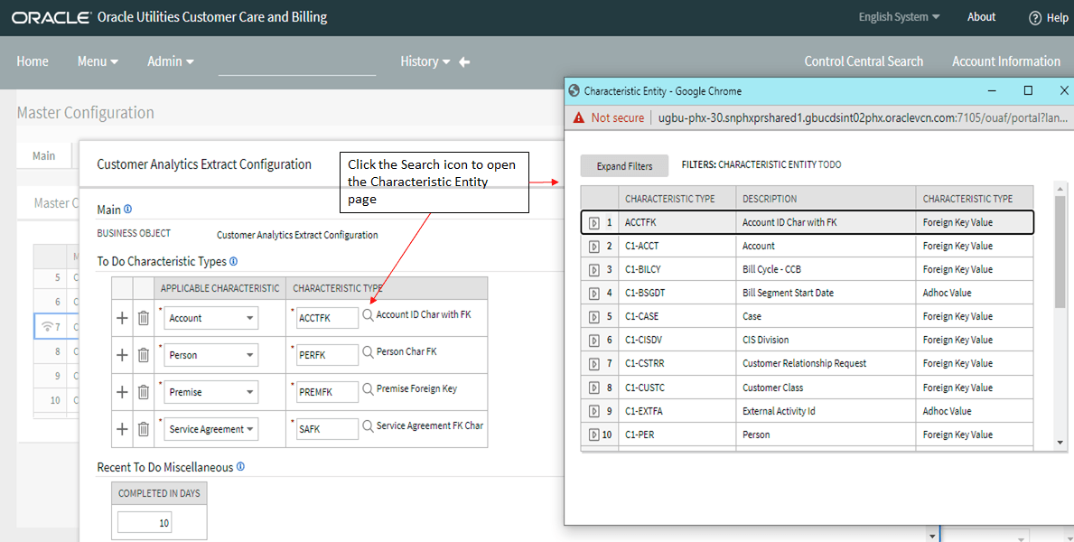 Characteristic Entity window that is displayed when the user clicks the search icon in the second column of the To Do Characteristic Types table. Characteristic Entity window that is displayed when the user clicks the search icon in the second column of the To Do Characteristic Types table.