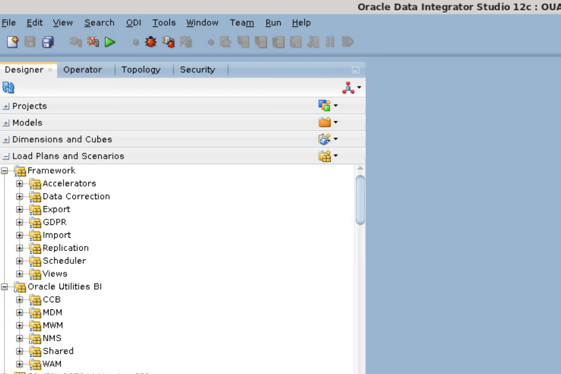 Framework and Oracle Utilities BI folders appear expanded under the Load Plans and Scenarios option within the Designer tab in the Oracle Data Integrator Studio.
