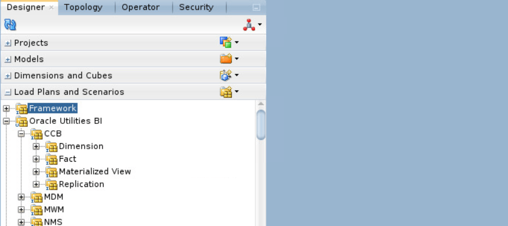 CCB folder appears expanded under Oracle Utilities BI folder. These folders can be found in the Load Plans and Scenarios option in the Designer tab of the Oracle Data Integrator Studio.