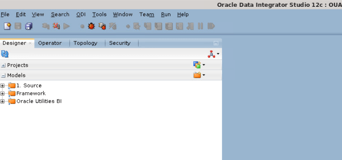 Model option expanded within the Designer tab in Oracle Data Integrator Studio showing three folders: Source, Framework, and Oracle Utilities BI.