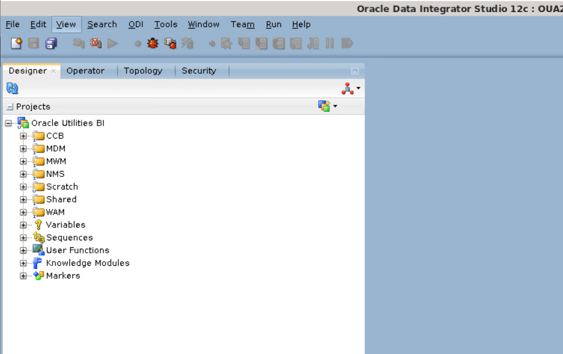 Oracle Utilities BI option expanded within Designer tab in Oracle Data Integrator Studio.