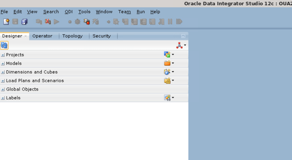 Designer tab expanded in Oracle Data Integrator Studio. The following options are shown in this tab: Projects, Models, Dimensions and Cubes, Load Plans and Scenarios, Global Objecs, and Labels.