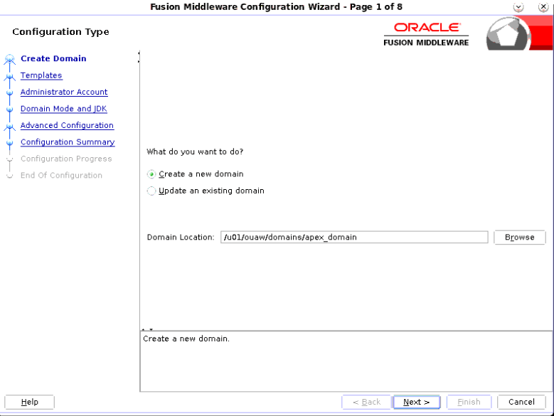 Create Domain screen gives the user an option for creating a new domain, and another one for updating an existing one. Below the options list, there's a field to define the domain location.