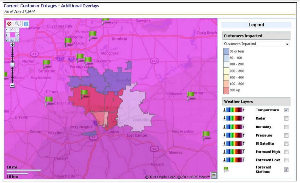 Current Customer Outages page showing a map of weather information.