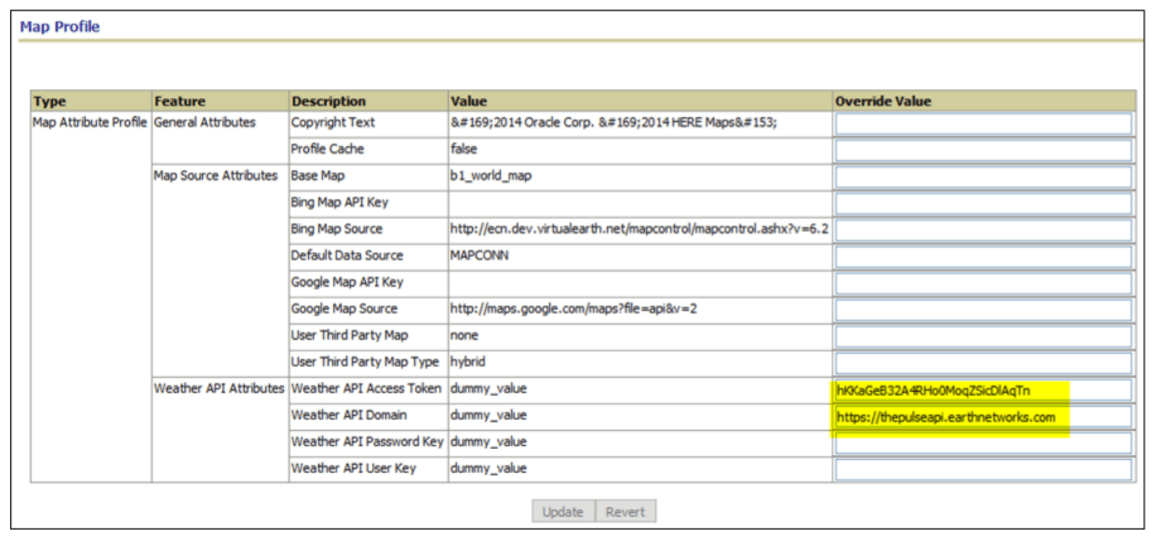 Map Profile page showing a five columns table. The user is to update the override values for the API access token and the API domain.