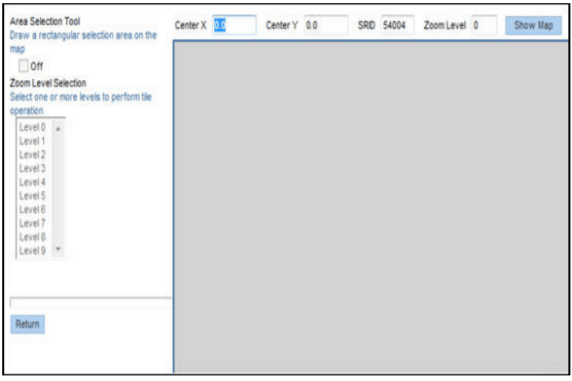 Wizard screen showing the Area Selection Tool and the Zoom Level Selection options on the left-hand pane, the coordinates bar on the top of the window, and a main area in the middle for the rendering of the map.