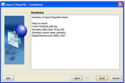 Import Shapefile window displays a summary of the import files.