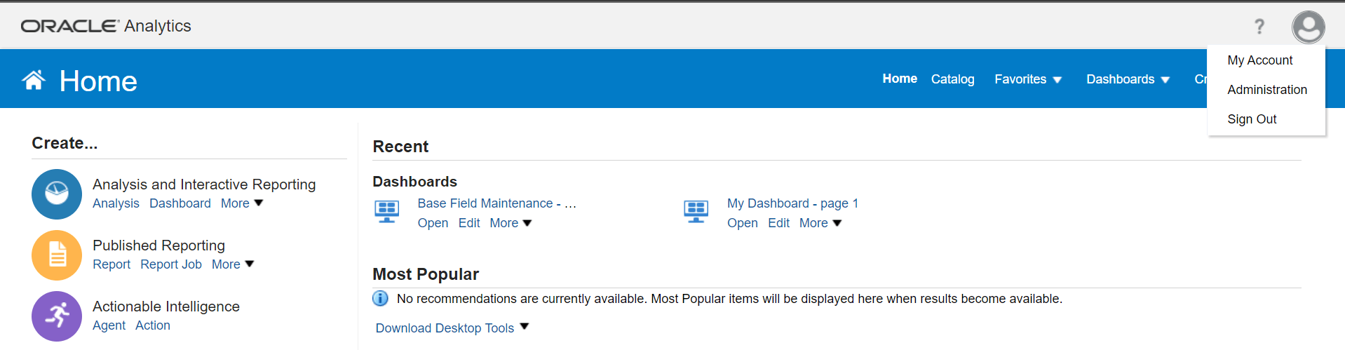 Oracle Analytics Home page showing the options that appear when you click the user profile icon.