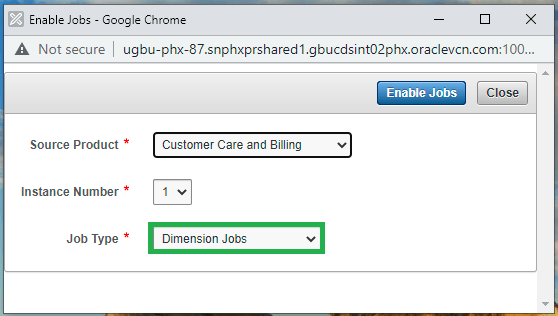 Enable Jobs window showing three drop-down menus for the user to indicate a source product, an instance number, and a job type. Enable Jobs, and Close buttons appear on the top of the window.