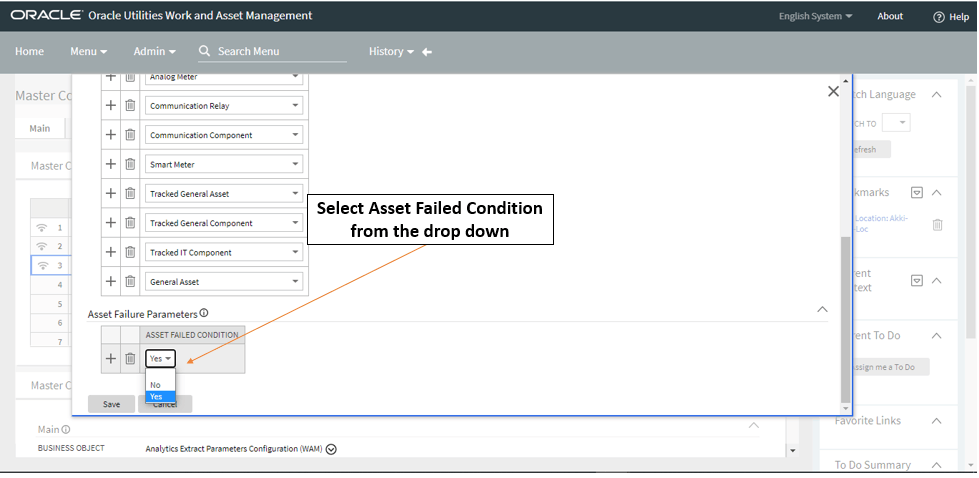 Screenshot of how to select Asset Failed Condition from the Asset Failure Parameters drop-down.