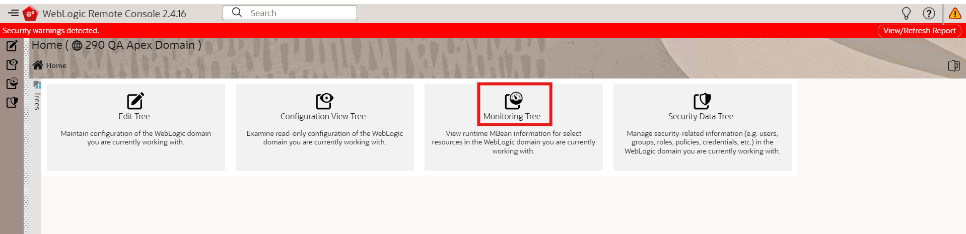 This enables you to view runtime MBean information for select resources in the WebLogic domain you are currently working with.