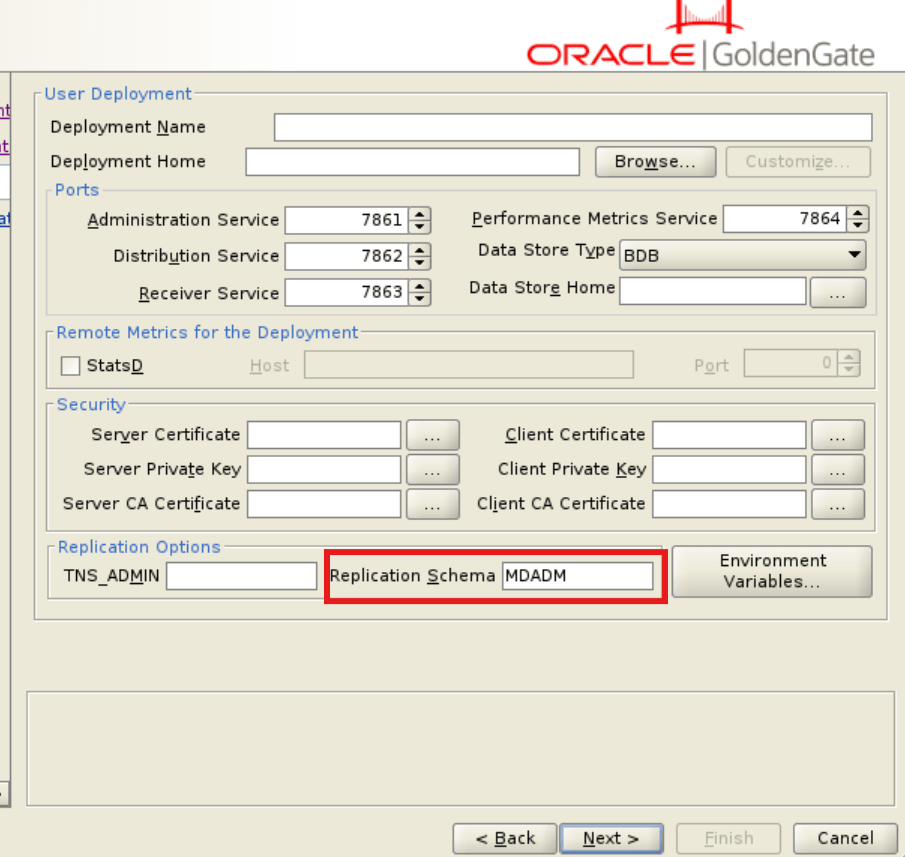 Set the Replication Schema setting to the Oracle GoldenGate Owner.