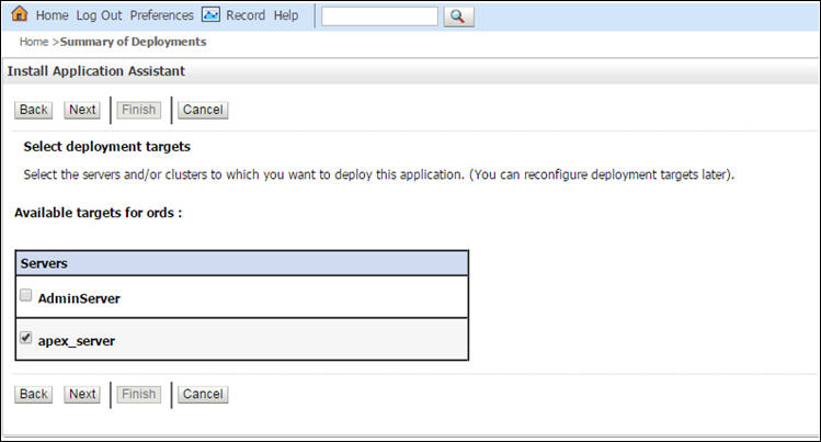 Install Application Assistant page, where the user is to define the deployment target.