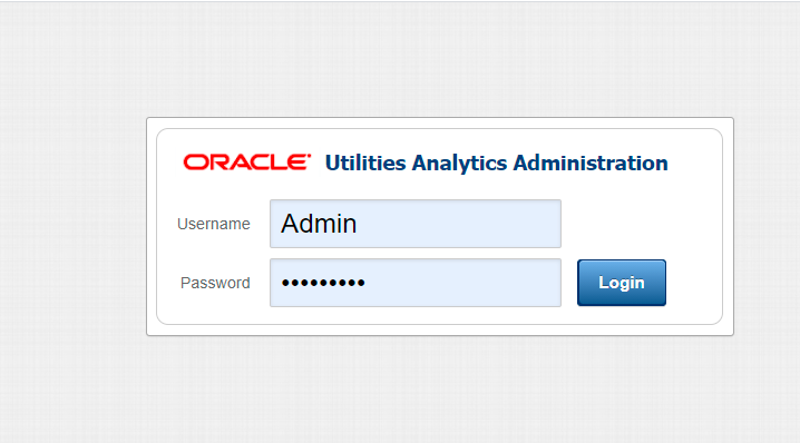 Oracle Utilities Analytics Administration login page where the user is to enter username and password.