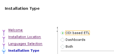 Installation Type page showing the ODI based ETL option selected