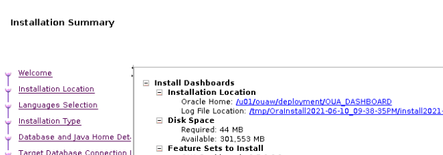 Installation Summary page showing install location, disk space and feature sets information.
