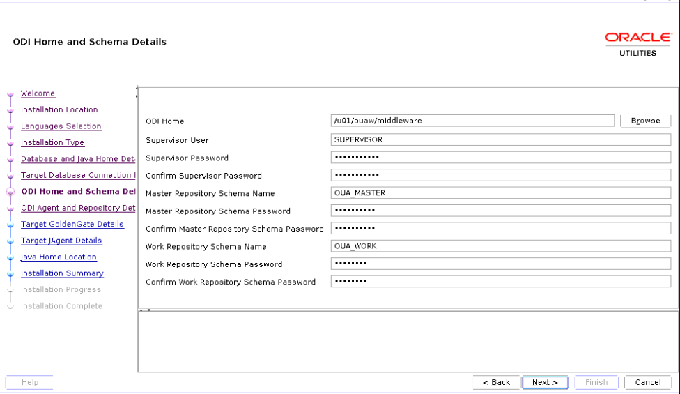 ODI Home and Schema Details page where the user is to populate several text fields.
