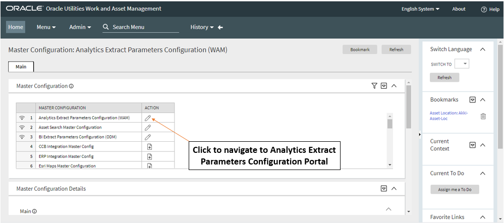 Screenshot showing how to navigate to the Analytics Extract Parameters Configuration (WAM) option in the table and click on the edit icon located under the Action column.