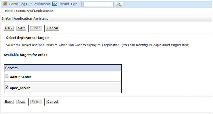 This screen shows the Install Application Assistant. Select the appropriate option in the Servers table.