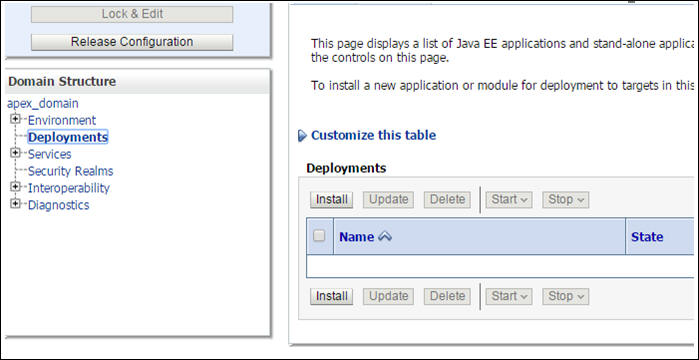 This screen shows the Domain Structure tree on the left-hand side. Here, Deployments is selected, and its details appear on the right-hand side.