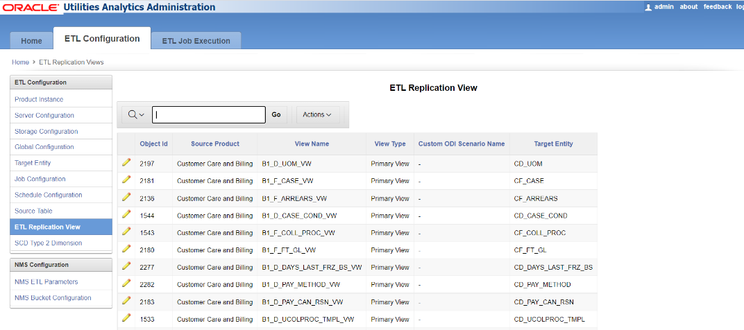 ETL Replication View page showing a search field and a six columns table with the following details: Object ID, source product, view name, view type, custom ODI scenario name, and target entity. Find this page under the ETL Configuration tab.