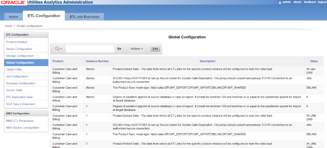 Global Configuration page showing a search bar and a four columns table, which contains the following details: Product, instance number, description, and value. Find this page under ETL Configuration.