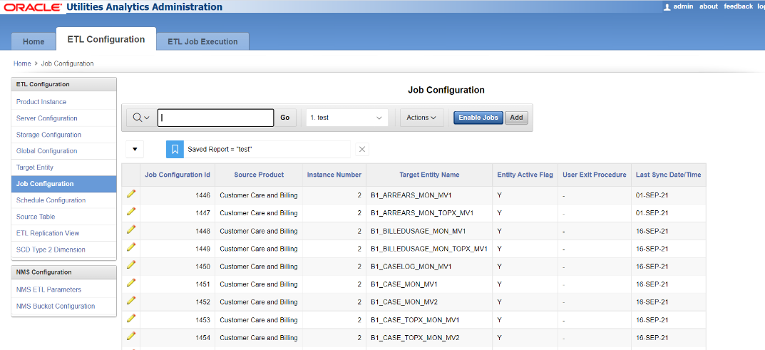 Job Configuration page showing a search bar and a seven columns table containing the following details: Job configuration ID, source product, instance number, target entity name, entity active flag, user exit procedure, and last sync data time.