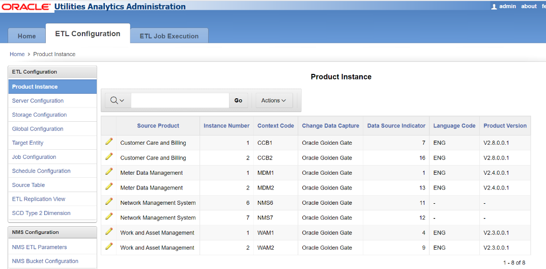 Several Product Instances are listed in a seven columns table that details each instance's name, number, context code, change data capture, data source indicator, language code, and product version. 