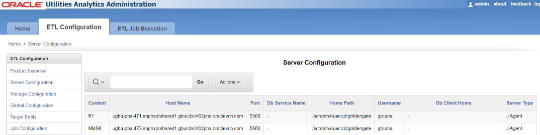 Server Configuration page showing an eight columns table that lists each server configuration detailing its context, host name, port, db service name, home path, user name, db client home, and server type. Find this page under ETL Configuration.