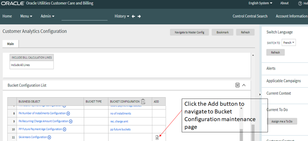 Bucket Configuration List section within the Customer Analytics Configuration main tab. Find the Add button in the last column of the table that appears in this section.