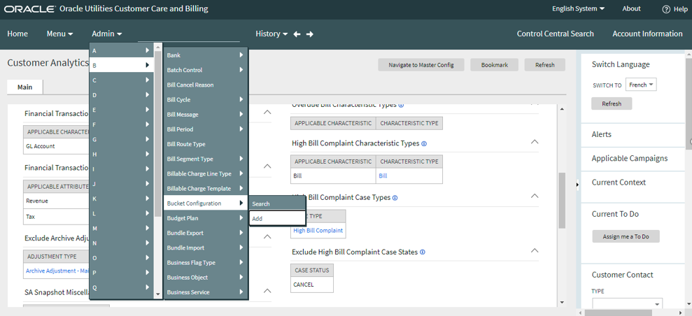 Admin dropdown menu showing an alphabetical menu. Here, letter B is selected, and then the Bucket Configuration option.