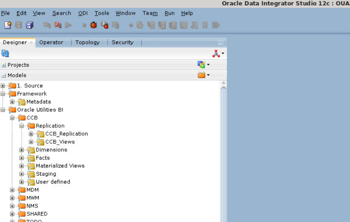 The following folders appear expanded under the Models option: Framework, Oracle Utilities BI, CCB, and Replication. Go to Designer tab in the Oracle Data Integrator Studio to find these folders.