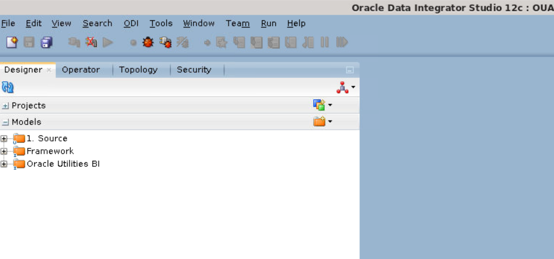 Model option expanded within the Designer tab in Oracle Data Integrator Studio showing three folders: Source, Framework, and Oracle Utilities BI. 