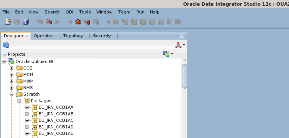 Packages option expanded within Scratch folder under Oracle Utilities BI option in the Designer tab of the Oracle Daa Integrator Studio.