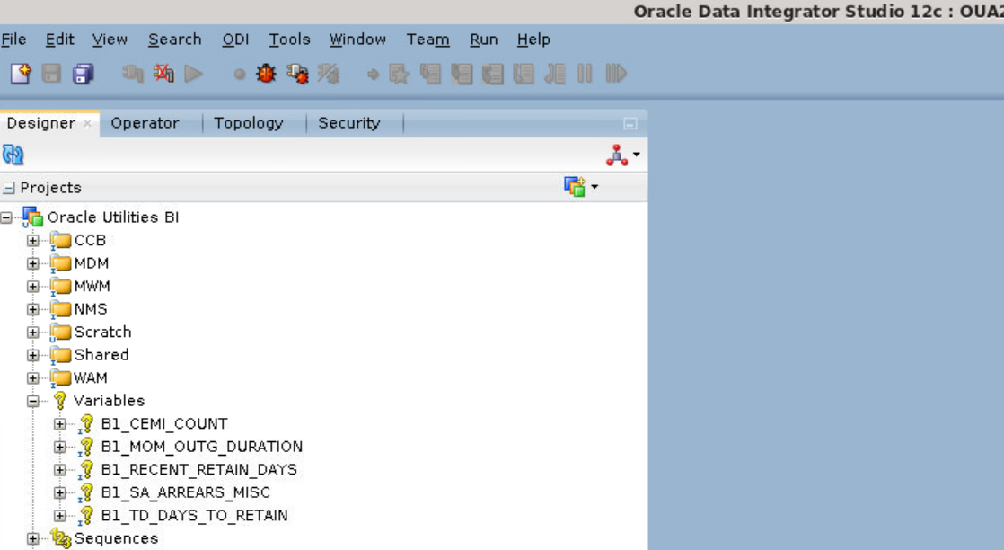 Variables option expanded. Go to the Designer tab in Oracle Data Integrator, and then expand the Oracle Utilities BI option to find Variables.