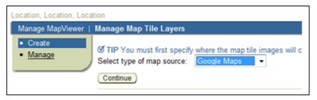 Manage Map Tile Layers window showing the map source dropdown menu.