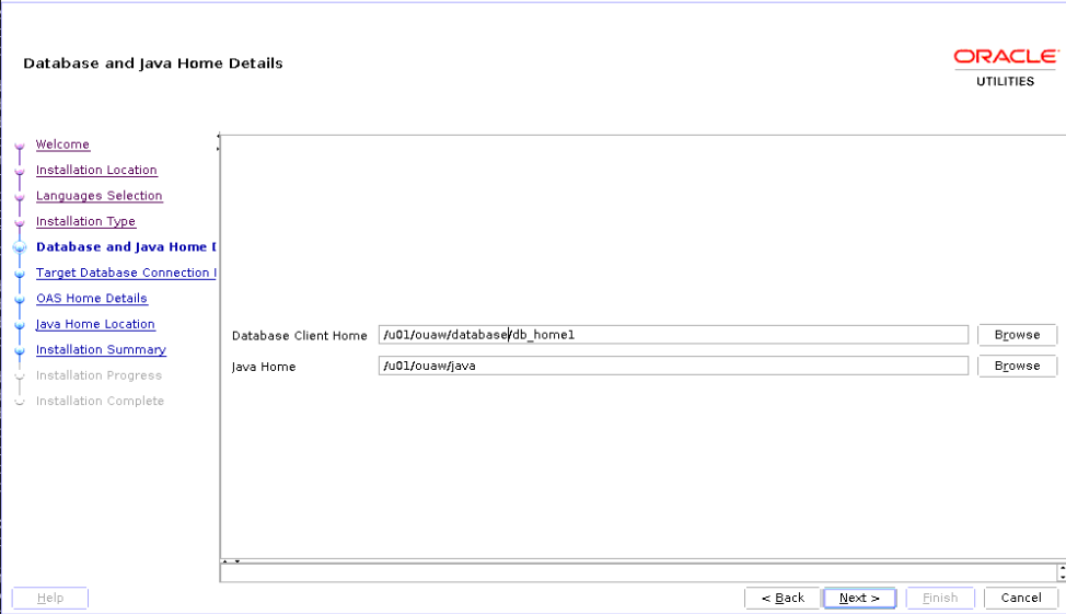 In the Database and Java Home Details screen, the user is to browse for the appropriate client home and Java home. Details and examples for the directories paths are in the table below.